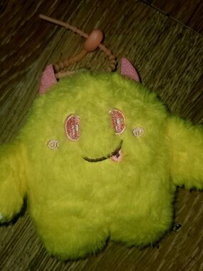 Yellow Fuzzy Faux Fur Monster Plush Keychain with Pink Accents